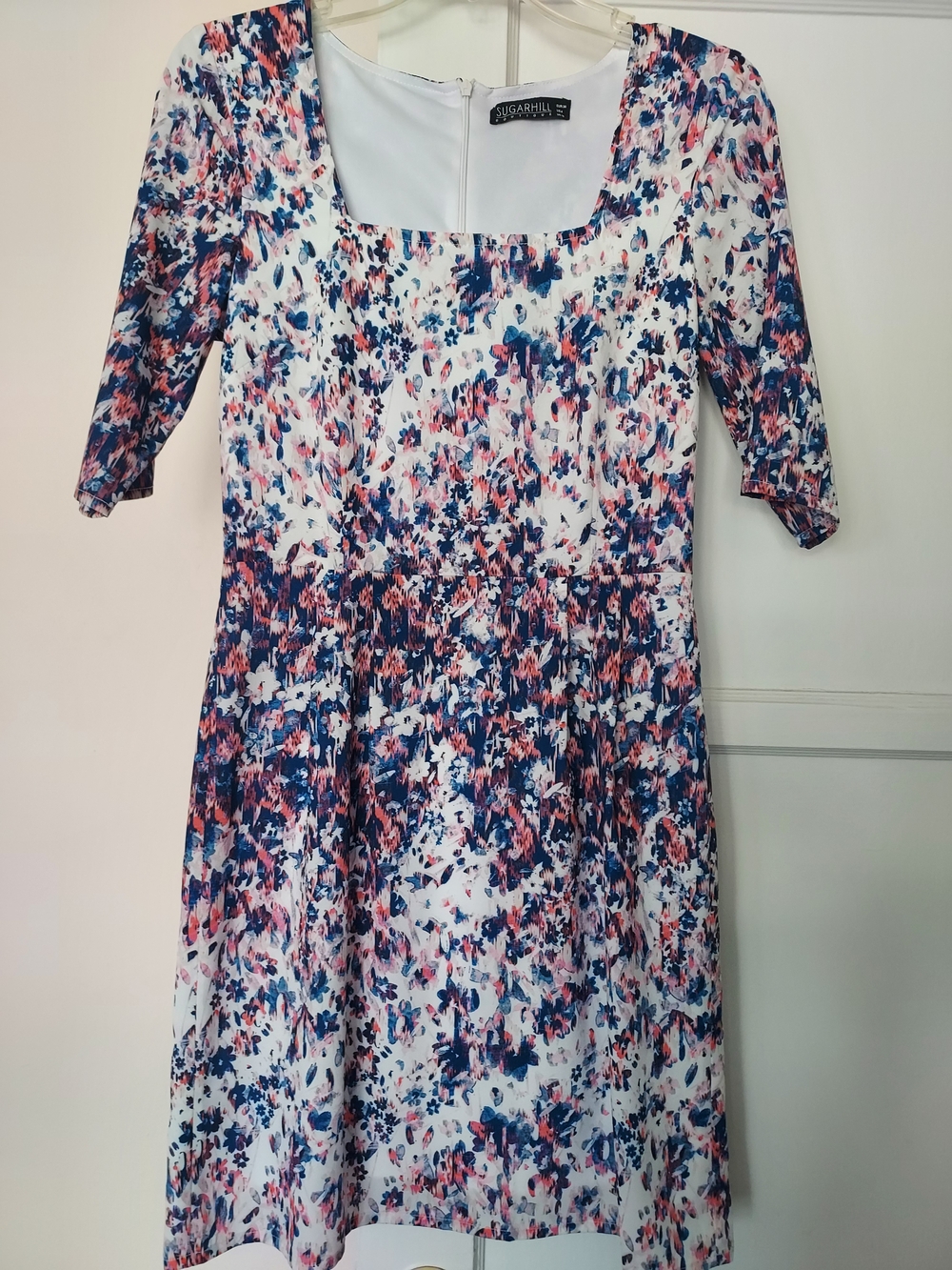 Sugarhill Boutique White Navy & Pink Abstract Floral Square-Neck Dress Spring